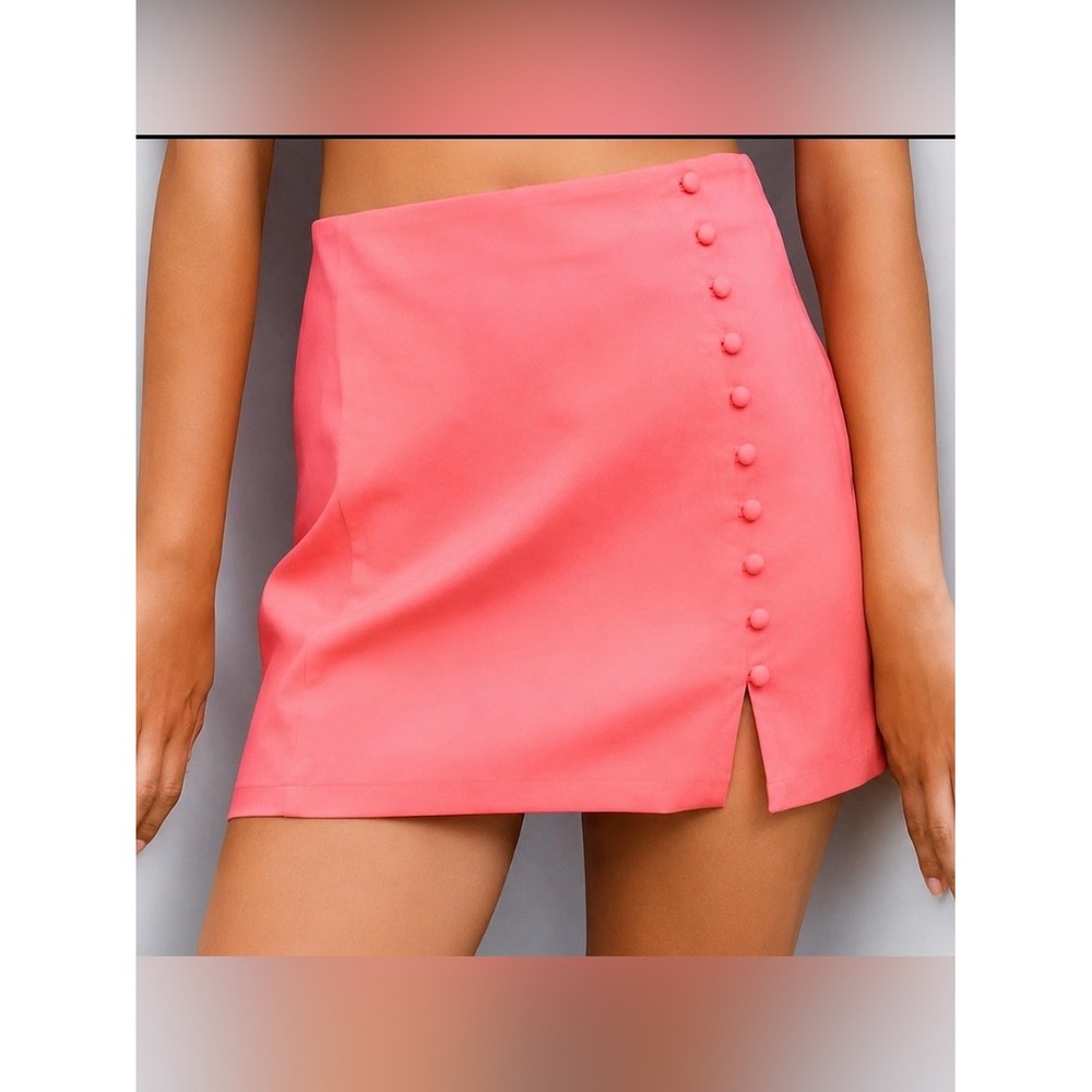 Zara Woman Coral Pink Button Front Mini Skirt Side Slit Size Small